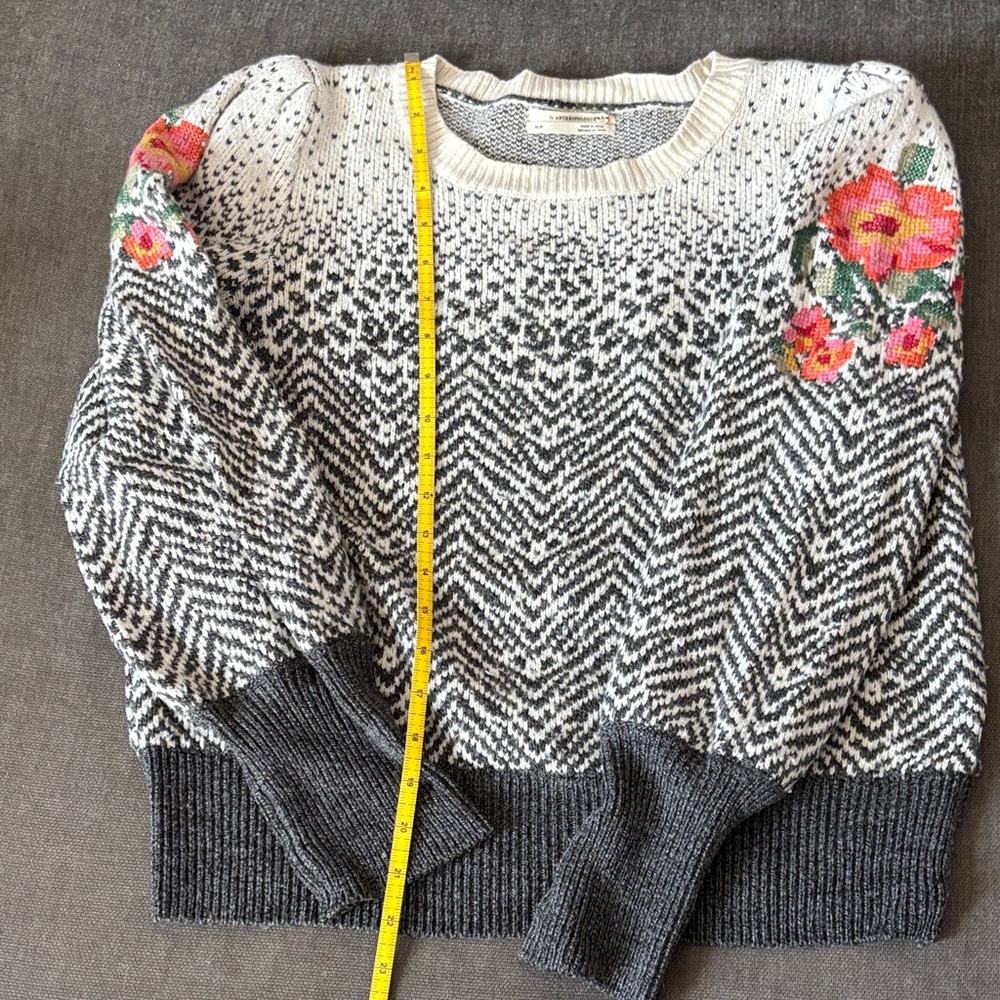 Anthropologie Wool Black and White Sweater with Floral Accents